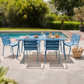 Ensemble table de jardin et 6 fauteuils en métal bleu pacific Palavas  Oviala