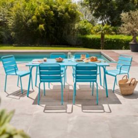 Ensemble table de jardin et 6 fauteuils en métal bleu  Palavas  Oviala