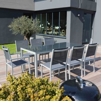 Ensemble table de jardin et 8 chaises en aluminium gris