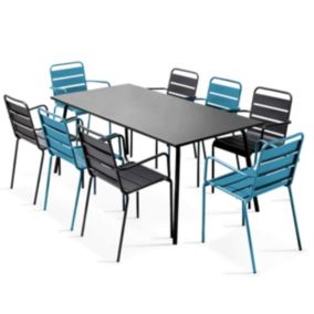 Ensemble table de jardin et 8 fauteuils en métal bleu pacific et gris  Palavas  Oviala