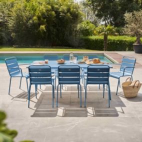 Ensemble table de jardin et 8 fauteuils en métal bleu pacific  Palavas  Oviala