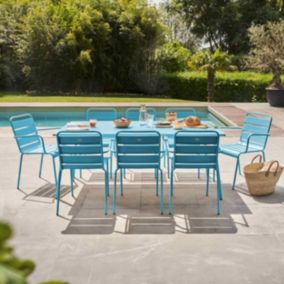 Ensemble table de jardin et 8 fauteuils en métal bleu Palavas  Oviala