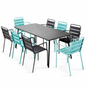 Ensemble table de jardin et 8 fauteuils en métal turquoise et gris Palavas  Oviala