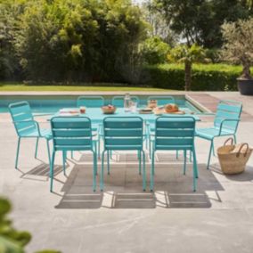 Ensemble table de Jardin et 8 fauteuils en métal turquoise Palavas  Oviala