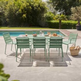 Ensemble table de Jardin et 8 fauteuils en métal vert sauge Palavas  Oviala