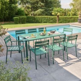 Ensemble table de jardin et 8 fauteuils vert foncé  Oviala