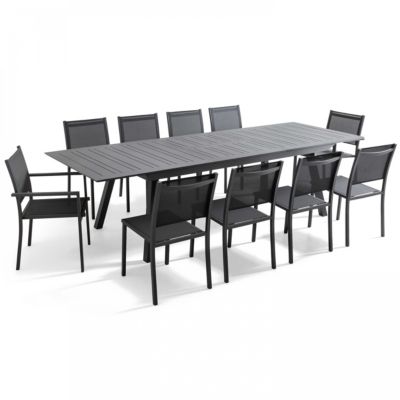 Ensemble table de jardin extensible et 10 chaises en aluminium gris  Oviala