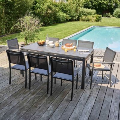 Ensemble table de jardin extensible et 8 assises en aluminium gris  Oviala