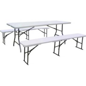 Ensemble Table de jardin pliante + 2 Bancs pliants " Foldy"  Blanc