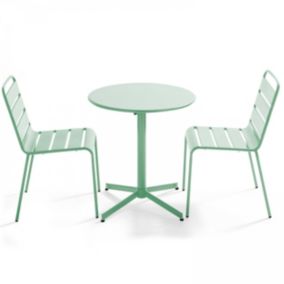 Ensemble table de jardin ronde et 2 chaises métal vert sauge Palavas  Oviala