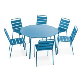 Ensemble table de jardin ronde et 6 chaises en métal bleu pacific Palavas  Oviala