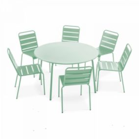 Ensemble table de jardin ronde et 6 chaises en métal vert sauge Palavas  Oviala