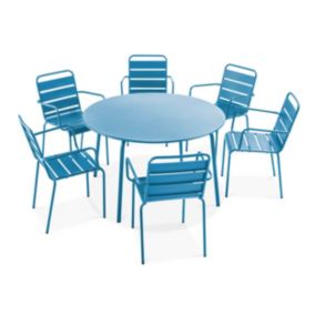 Ensemble table de jardin ronde et 6 fauteuils acier bleu pacific Palavas  Oviala