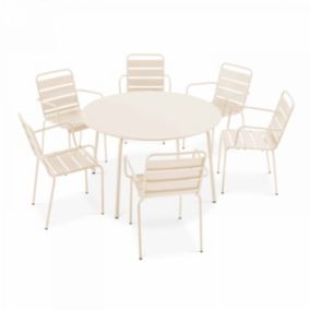 Ensemble table de jardin ronde et 6 fauteuils acier ivoire Palavas  Oviala