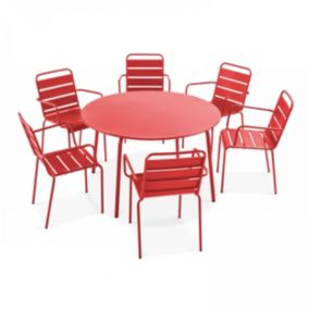 Ensemble table de jardin ronde et 6 fauteuils acier rouge Palavas  Oviala