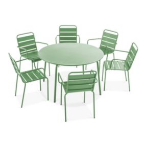 Ensemble table de jardin ronde et 6 fauteuils acier vert cactus Palavas  Oviala