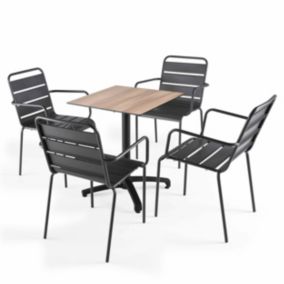 Ensemble table de jardin stratifié en chene foncé et 4 fauteuils gris  Oviala