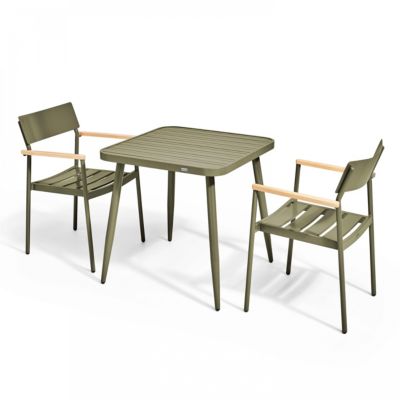 Ensemble table de terrasse et 2 fauteuils en aluminium/bois vert kaki  Oviala