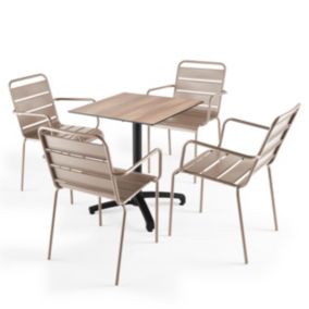 Ensemble table de terrasse stratifié chene foncé et 4 fauteuils taupe  Oviala