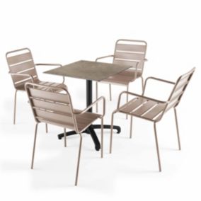 Ensemble table de terrasse stratifié marbre beige et 4 fauteuils taupe  Oviala