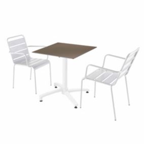 Ensemble table de terrasse stratifié taupe et 2 fauteuils blanc  Oviala