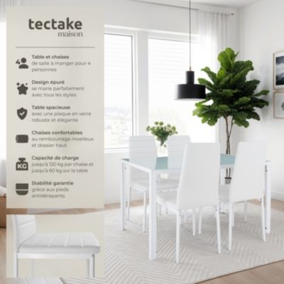 Ensemble table et 4 chaises salle à manger blanc en acier plateau verre 120x70x75cm confort élevé