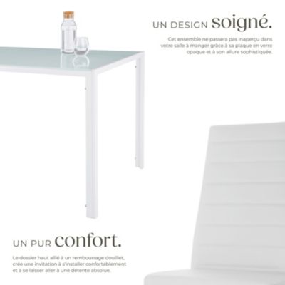 Ensemble table et 4 chaises salle à manger blanc en acier plateau verre 120x70x75cm confort élevé