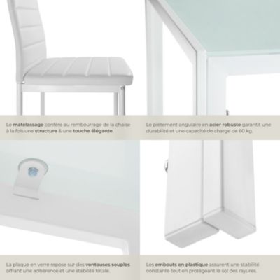 Ensemble table et 4 chaises salle à manger blanc en acier plateau verre 120x70x75cm confort élevé