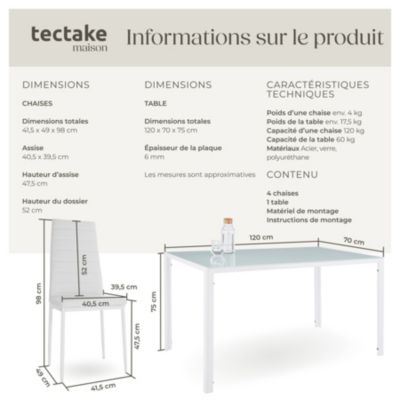 Ensemble table et 4 chaises salle à manger blanc en acier plateau verre 120x70x75cm confort élevé