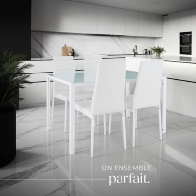 Ensemble table et 4 chaises salle à manger blanc en acier plateau verre 120x70x75cm confort élevé