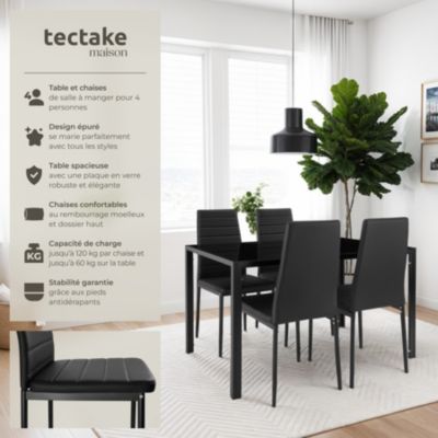Ensemble table et 4 chaises salle à manger en acier verre noir design 120x70x75cm confort