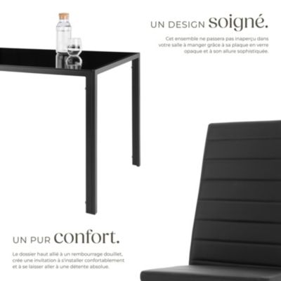 Ensemble table et 4 chaises salle à manger en acier verre noir design 120x70x75cm confort