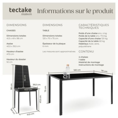 Ensemble table et 4 chaises salle à manger en acier verre noir design 120x70x75cm confort