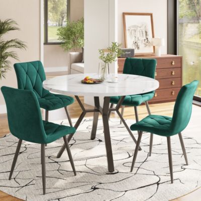Ensemble Table et 4 Chaises - Table Ronde, Chaises Velours Ergonomiques, Salle à Manger Moderne  Plateau Effet Marbre, Blanc/Vert