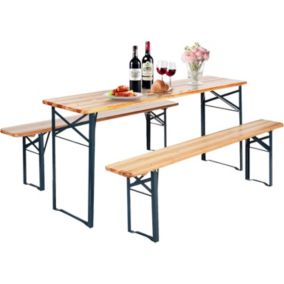 Ensemble Table et Bancs 3 PCS en Bois de Sapin Cadre Métallique Terrasse Jardin Pique Nique Charge 300 kg