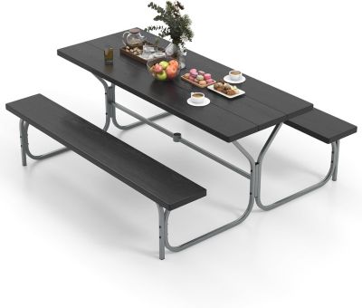 Ensemble Table et Bancs de Pique-Nique avec Cadre Métal, Ensemble de Jardin Imperméable pour 8 Personnes
