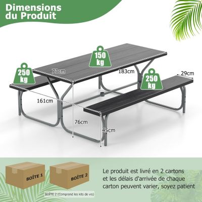 Ensemble Table et Bancs de Pique-Nique avec Cadre Métal, Ensemble de Jardin Imperméable pour 8 Personnes