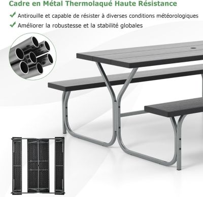 Ensemble Table et Bancs de Pique-Nique avec Cadre Métal, Ensemble de Jardin Imperméable pour 8 Personnes