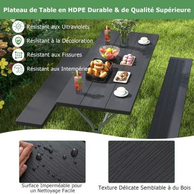 Ensemble Table et Bancs de Pique-Nique avec Cadre Métal, Ensemble de Jardin Imperméable pour 8 Personnes