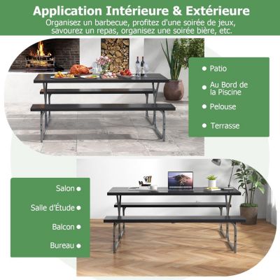 Ensemble Table et Bancs de Pique-Nique avec Cadre Métal, Ensemble de Jardin Imperméable pour 8 Personnes