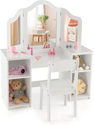 Ensemble Table et Chaise 2 en 1 pour Enfants Coiffeuse de Maquillage avec Miroir Amovible à Trois Volets