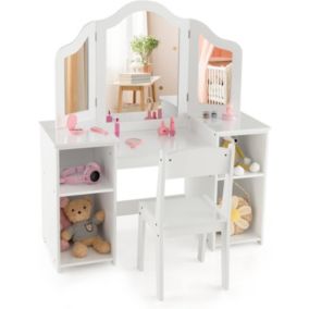 Ensemble Table et Chaise 2 en 1 pour Enfants Coiffeuse de Maquillage avec Miroir Amovible à Trois Volets