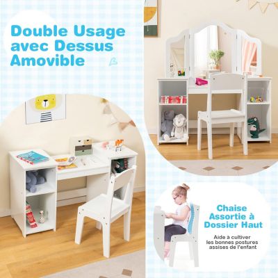 Ensemble Table et Chaise 2 en 1 pour Enfants Coiffeuse de Maquillage avec Miroir Amovible à Trois Volets