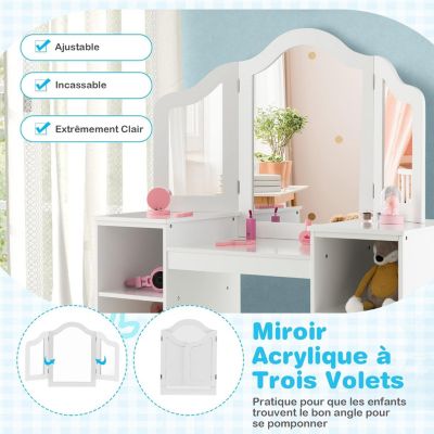 Ensemble Table et Chaise 2 en 1 pour Enfants Coiffeuse de Maquillage avec Miroir Amovible à Trois Volets