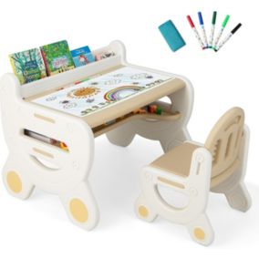 Ensemble Table et Chaise pour Enfants avec Plateau Effaçable Stylos Aquarelle et Gomme Ensemble de Table Activités Marron