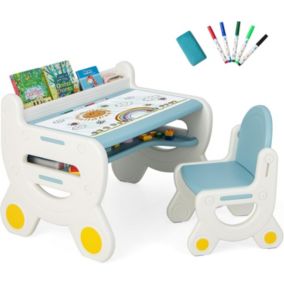 Ensemble Table et Chaise pour Enfants avec Plateau Effaçable Stylos Aquarelle Gomme Ensemble de Table Activités Bleu