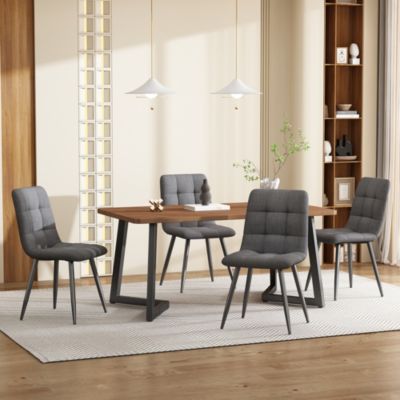 Ensemble table et chaises 117x68x75 cm avec 4 chaises, table MDF noyer, chaises rembourrées lin pieds métal