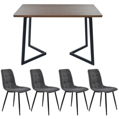 Ensemble table et chaises 117x68x75 cm avec 4 chaises, table MDF noyer, chaises rembourrées lin pieds métal