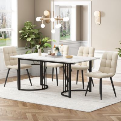 Ensemble table et chaises 140x80x75 cm avec 4 chaises, table rectangulaire MDF motif marbre, chaises velours