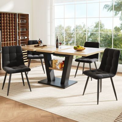 ensemble Table et Chaises 5 Pièces- Table à Manger Extensible avec 4 Chaises,  MDF et Velours - 118-157x70x75 cm - Noir/Naturel